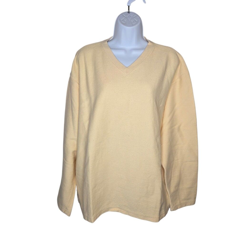 Lands' End Vintage Pastel Yellow V-Neck Heavyweight Cotton Sweatshirt Pullover L